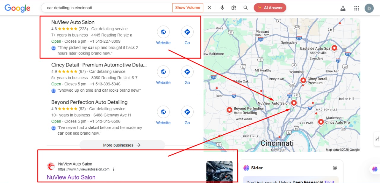 Google results showing NuView Auto Salon ranking #1